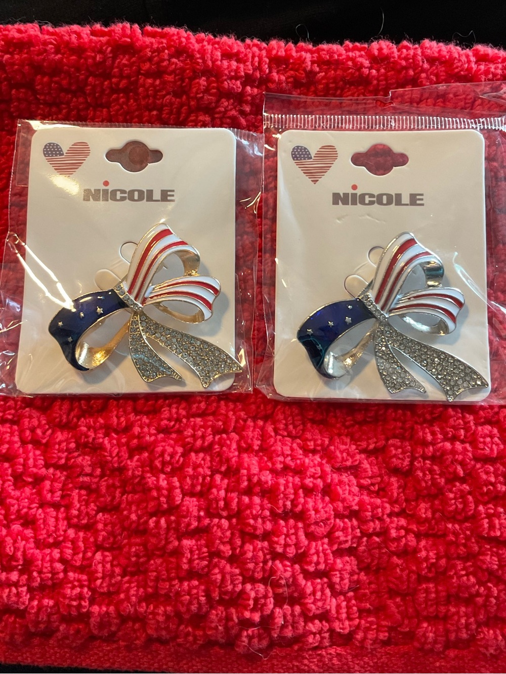 Nicole Red White Blue Ribbon Brooch w/Silver Glitter Accents, 1 3/4” x 1 “1/2